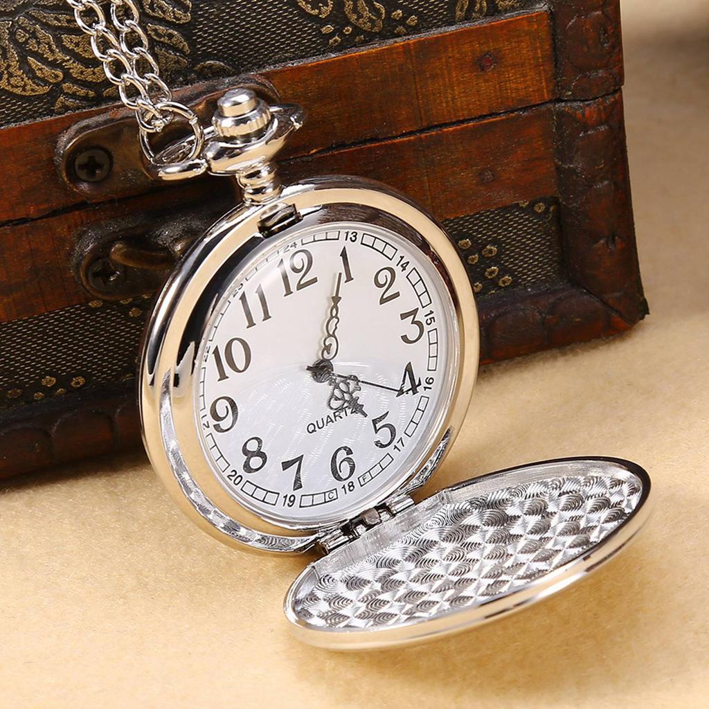 Classical Quartz Analog Smooth Pocket Watch Necklace Pendant with Chain Silver