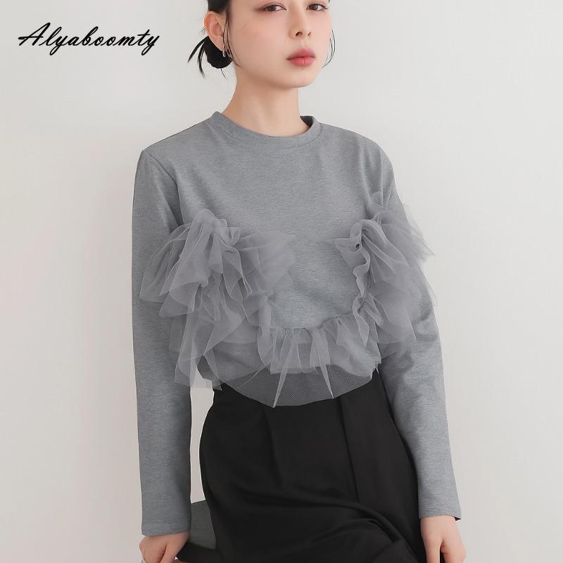Korean Ulzzang Spring Autumn Women Streetwear Top O Neck White Gray Black Ruffles Patchwork T-Shirt Stylish Feminine Ladies' Tee