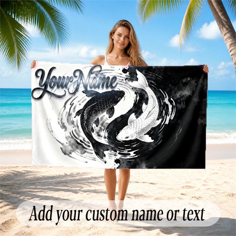 Koi Fish Theme Beach Towel Personalized Custom Name & Text Soft Quick Dry Beach Towel for Swimming Travel