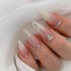 24Pcs Almond Pure Handmade Press On Nails Full Cover Butterfly French Pearl Diamond False Nails Wearable Manicure Nail Tips Art