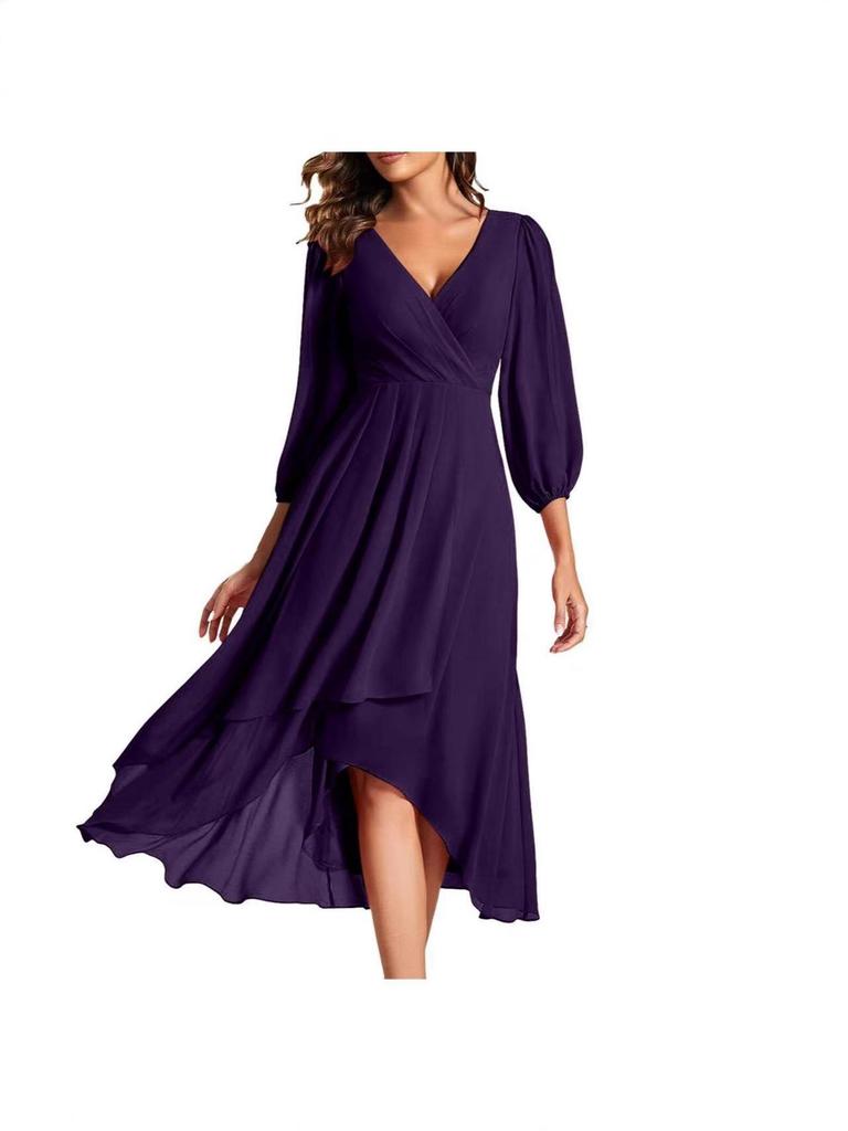 V-neck Solid Color Slim-fit Bridesmaid Evening Dress with Three-quarter Sleeves