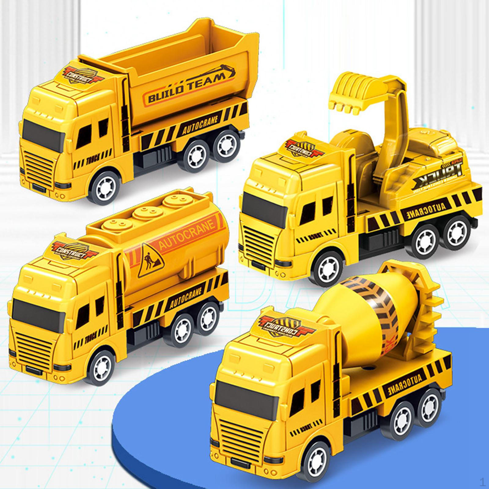 

4x Pull Back Engineering Vehicles Movable Joints Xmas Gifts Sturdy Treasure Box Children Toy Yellow