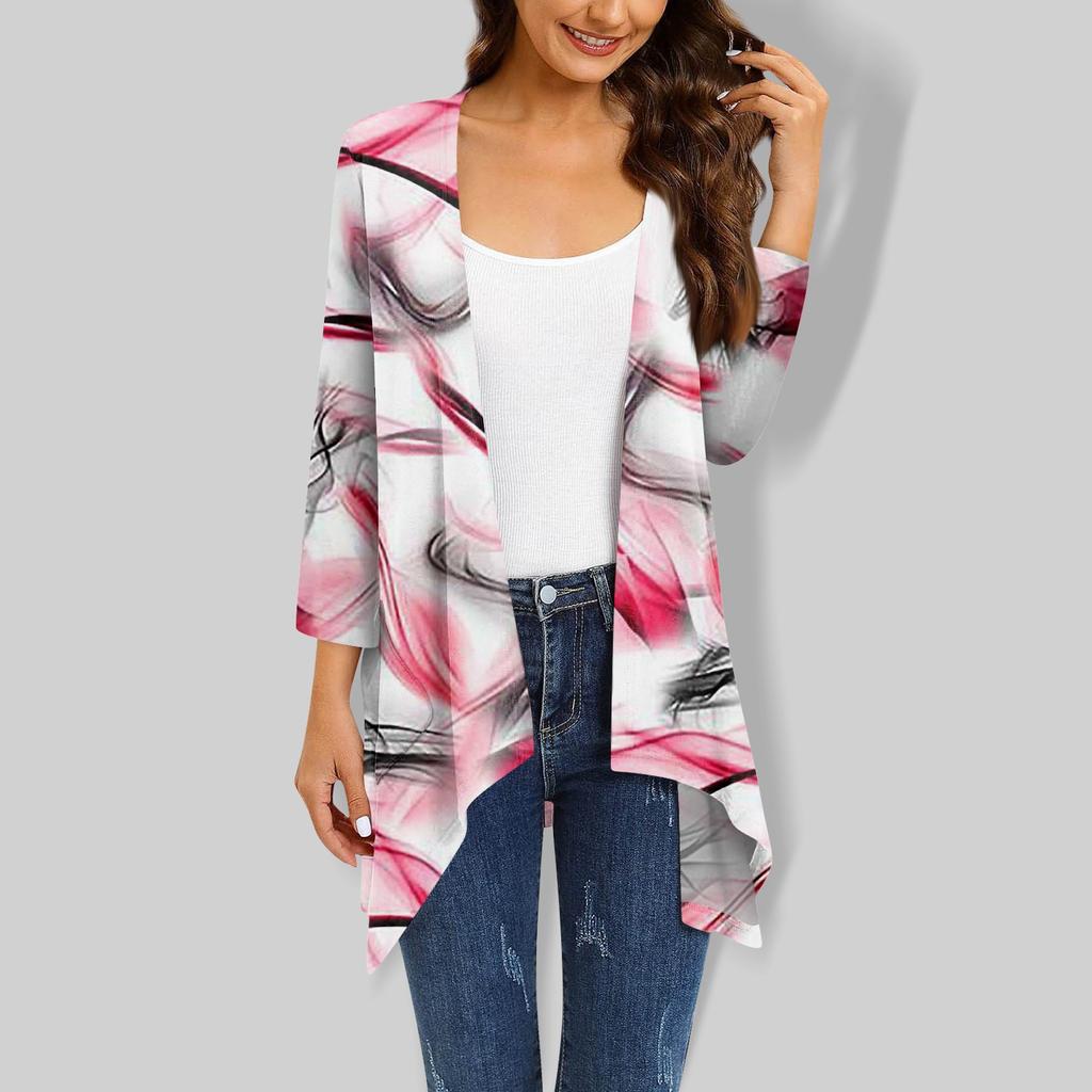 3/4-Ärmel Damen Retro-bedrucktes Oberteil, leichte Jacke, Strickjacke mit Tasche