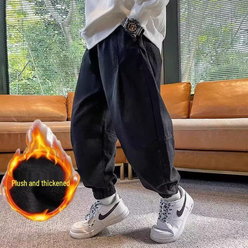 2025 New Boys' Fleece-Lined Sweatpants: Thickened Casual Sports Pants for Spring, Autumn, and Winter