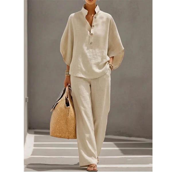 Completo Casual da Donna con Camicia Monocolore a Manica Lunga e Pantaloni in Cotone e Lino