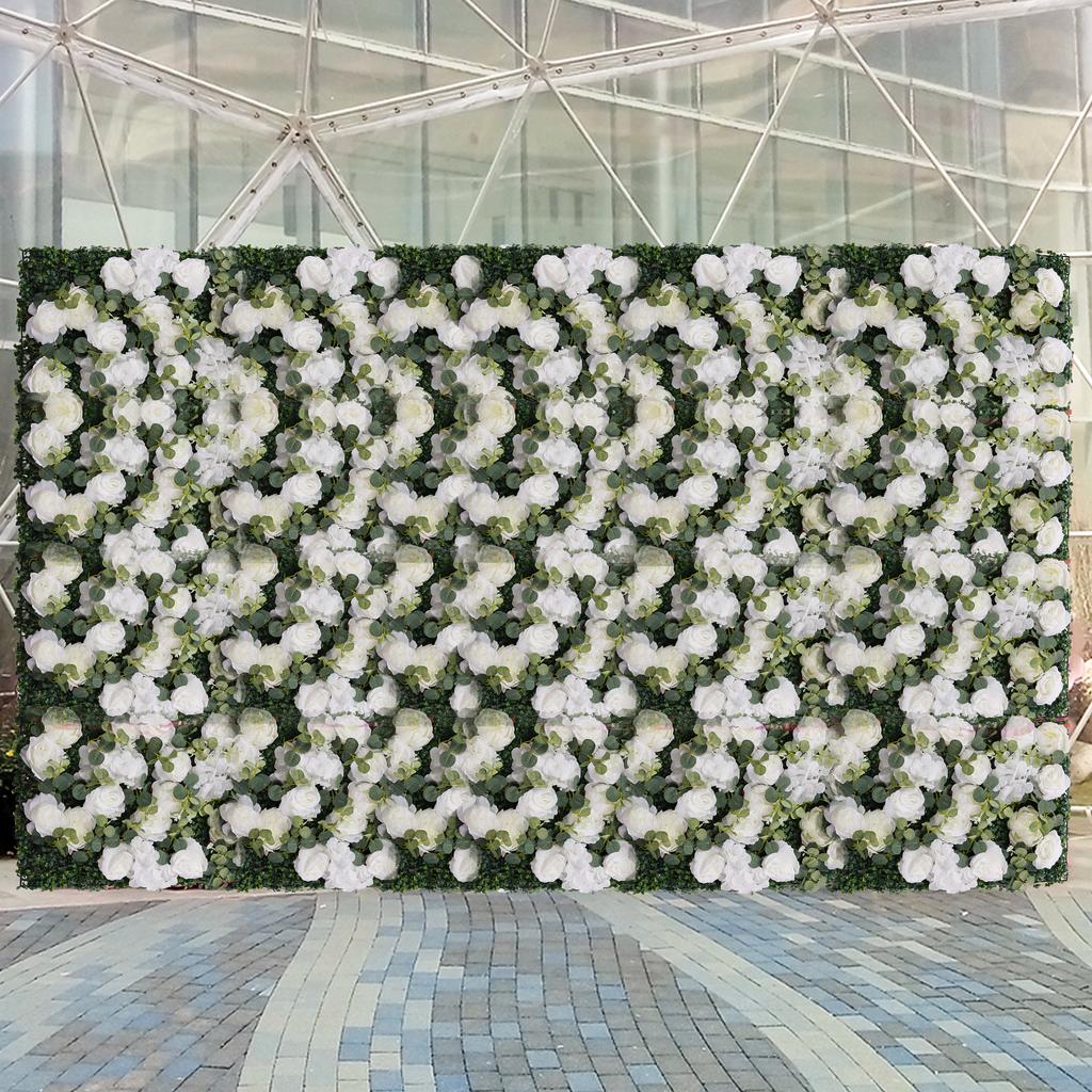 6 Pcs Flower Wall Panel , Green and White Faux Rose Backdrop, Artificial Flower Decor for Wedding Arch, Party Decor, Photo Booth