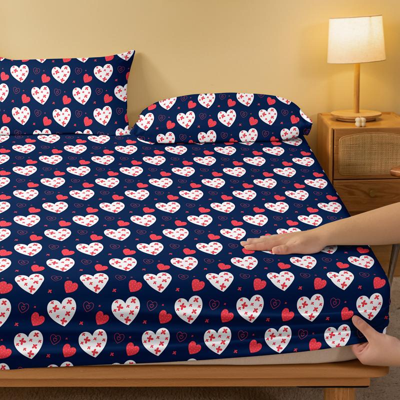 1 Bucată Model Echipă Albastră Cearceaf Fiting Periat, Cuvertură de Pat Imprimată cu Inimioare Pentru Dormitor, Lenjerie de Pat (Nu include fața de pernă)