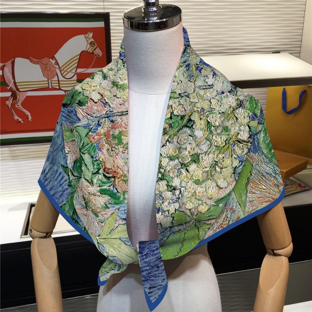 90Cm Twill Silk Scarf Fashion Shawl Van Gogh Oil Painting Square Scarf Women Hijab Bandana Foulard Head Scarves Wraps