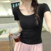 Front Shoulder Short-sleeved T-shirt Women's Summer Basic Versatile Low-neck Exposed Collarbone Tight and Thin Short U-neck Top