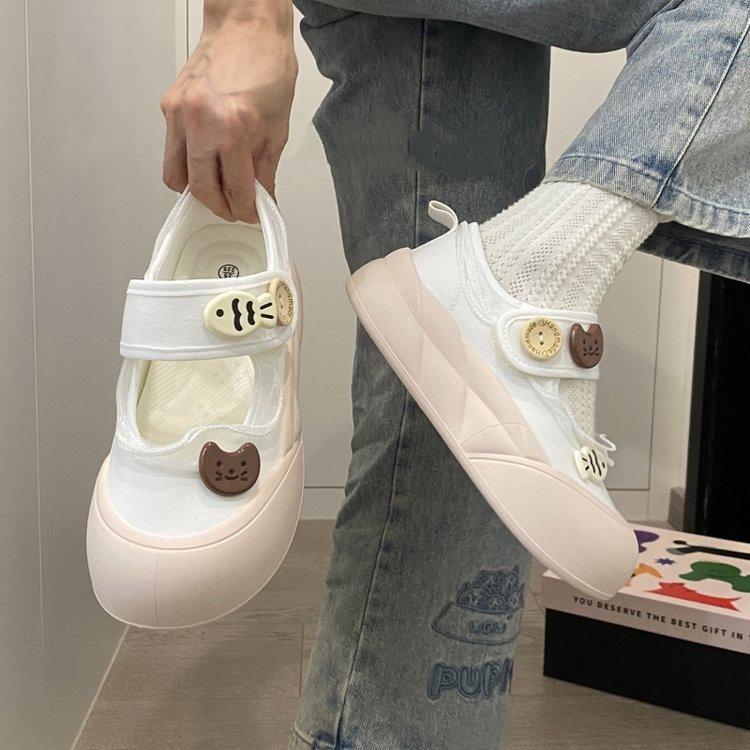 Mary Jane Hollow Canvas Shoes Children 2025 New Summer Breathable Velcro One Pedal Lazy Sports Shoes