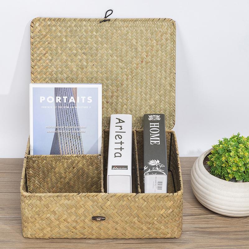 4-grid Woven Seagrass Desktop Organizer Box with Lid Divided Makeup Cosmetics Storage Basket for Home Office Wardrobe Shelf