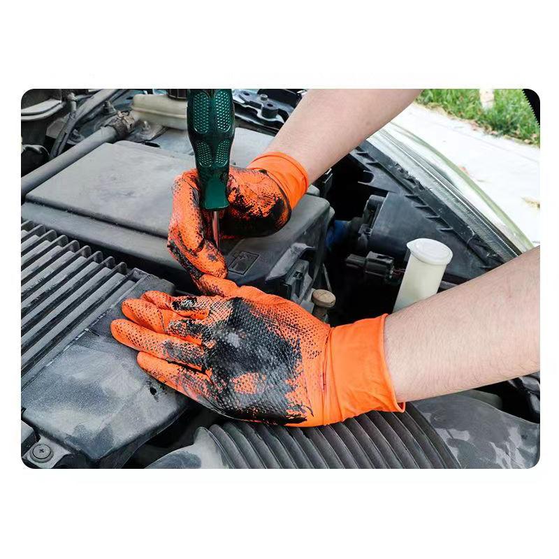 Heavy Duty Orange Nitrile Gloves Extra Thick Diamond Patterned Nitrile Gloves Industrial Disposable Gloves for Mechanic Safety