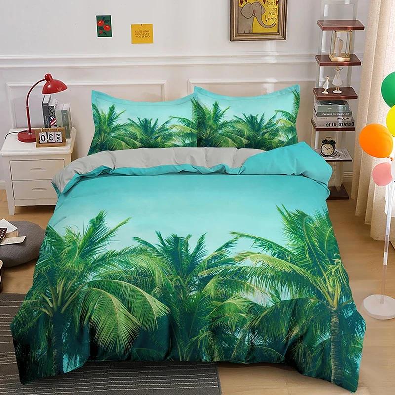 Tropical Botanical Leaves King Queen Duvet Cover Green Palm Leaves Polyester Bedding Set for Kids Teens Adults with Pillowcase