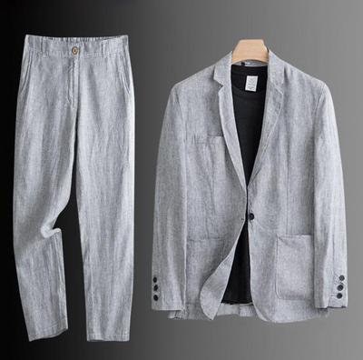 Spring Autumn Fashion Men Linen Two Piece Set Blazer Jacket Pants Solid Slim Fit Casual Business Thin