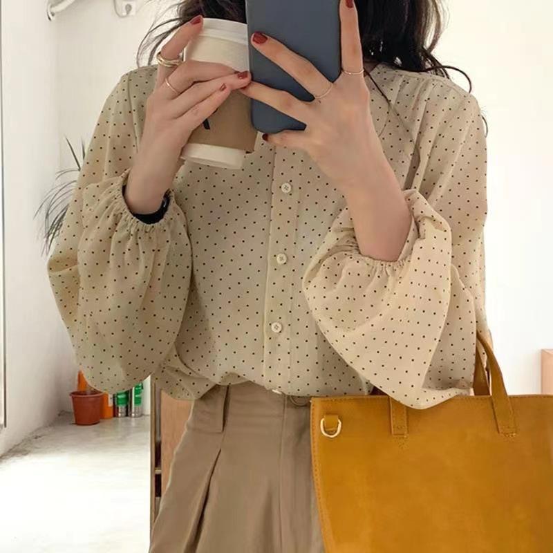 Retro French Temperament Polka Dot Printed Chiffon Shirt Versatile Bubble Sleeve Shirt Loose Top for Women