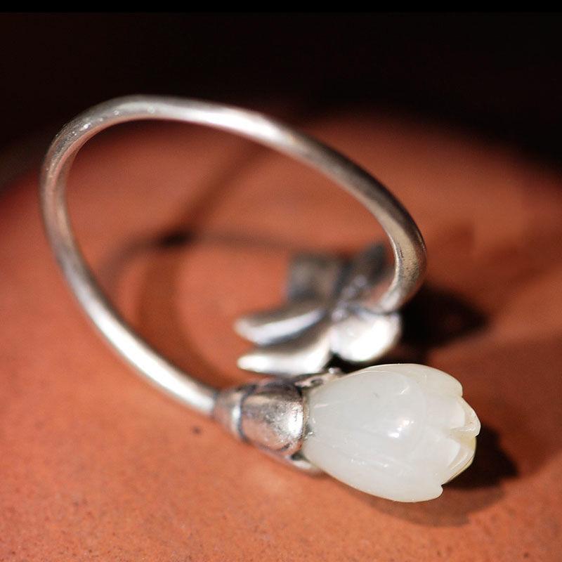 Natural Hetian Magnolia Flower Lotus Opening Adjustable Ring Chinese Style Retro Bohemian Elegant Charm  Jewelry