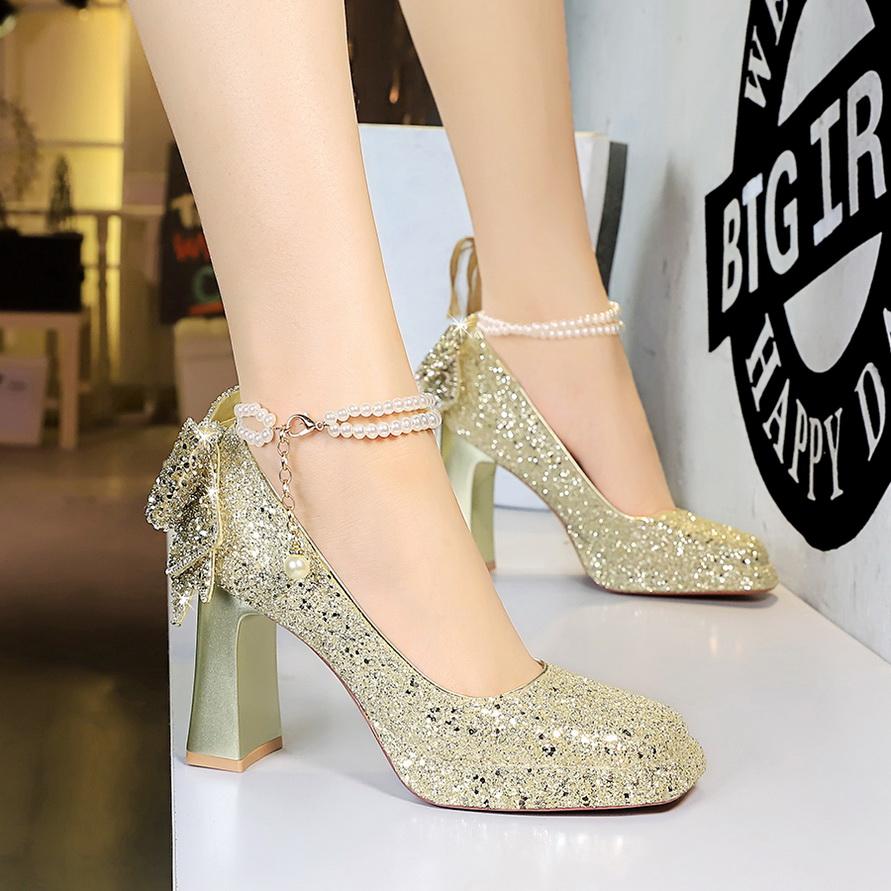 Sweet Pearl Straw High Heels Women's Water Diamond Bow Square Head Waterproof Platform Coarse Straw Shoes