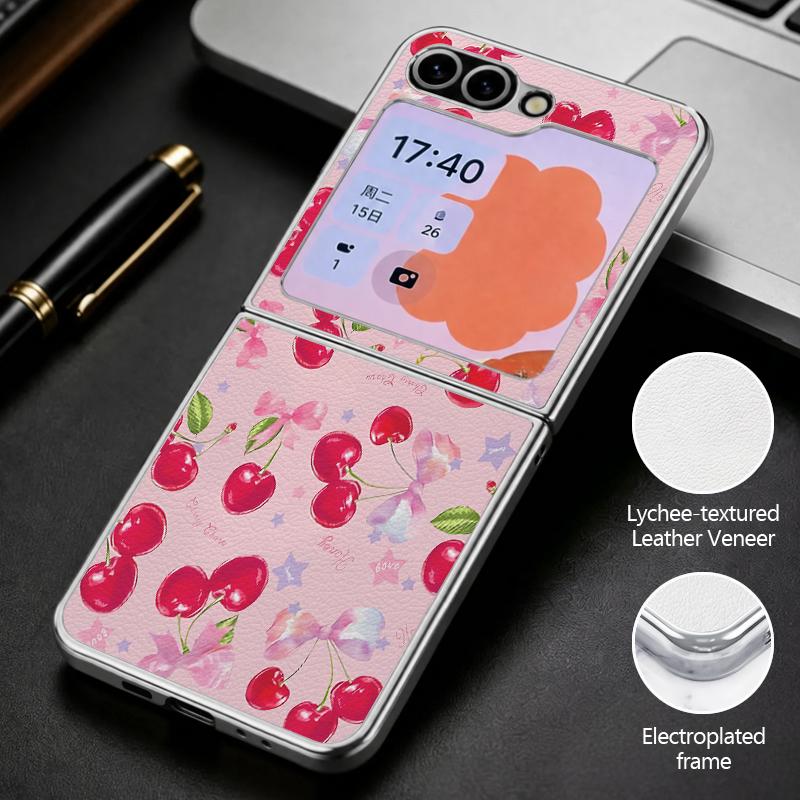Polka Dot Cherry Print Case For Samsung Z Flip 8 7 6 5 Luxury Plating Leather Skin Folding Phone Cover For Galaxy Z Flip8 Flip7 Flip6