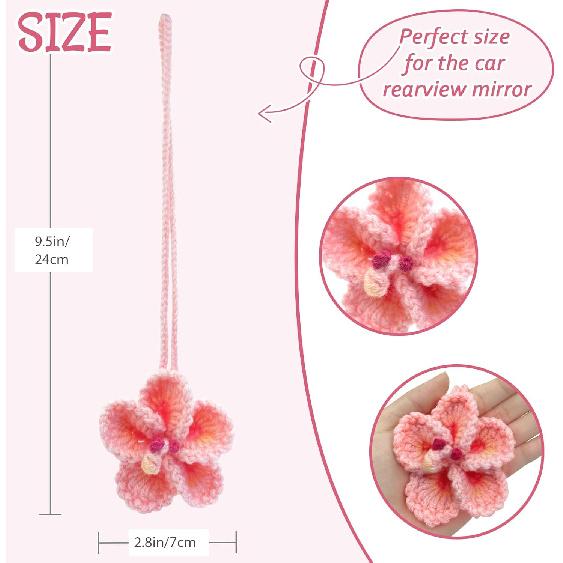 Crochet Hibiscus Flower Car Hanging Accessories for Women,Handmade Hawaiian Tropical Flower Ornament,Cute Crochet Plant for Car Rearview Mirror
