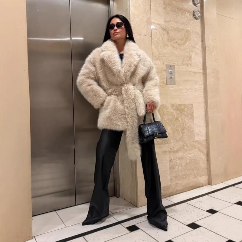 Womens Faux Fur Coat With Collar Belt Loose Fit Mid-Length Winter Jacket In Beige Coffee Black Burgundy White