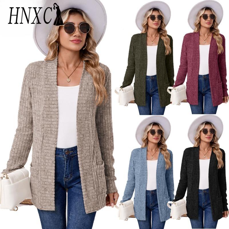 HNXC Dámské vintage ležérní jednobarevné bundy a kabáty podzim zima s dlouhým rukávem
