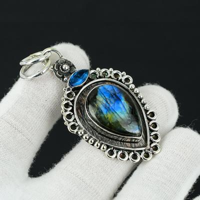 Labradorite, Blue Topaz Gemstone Silver Pendant, 925 Sterling Silver Jewelry Pendant, Natural Labradorite Pendant For Women Pendant For Gift