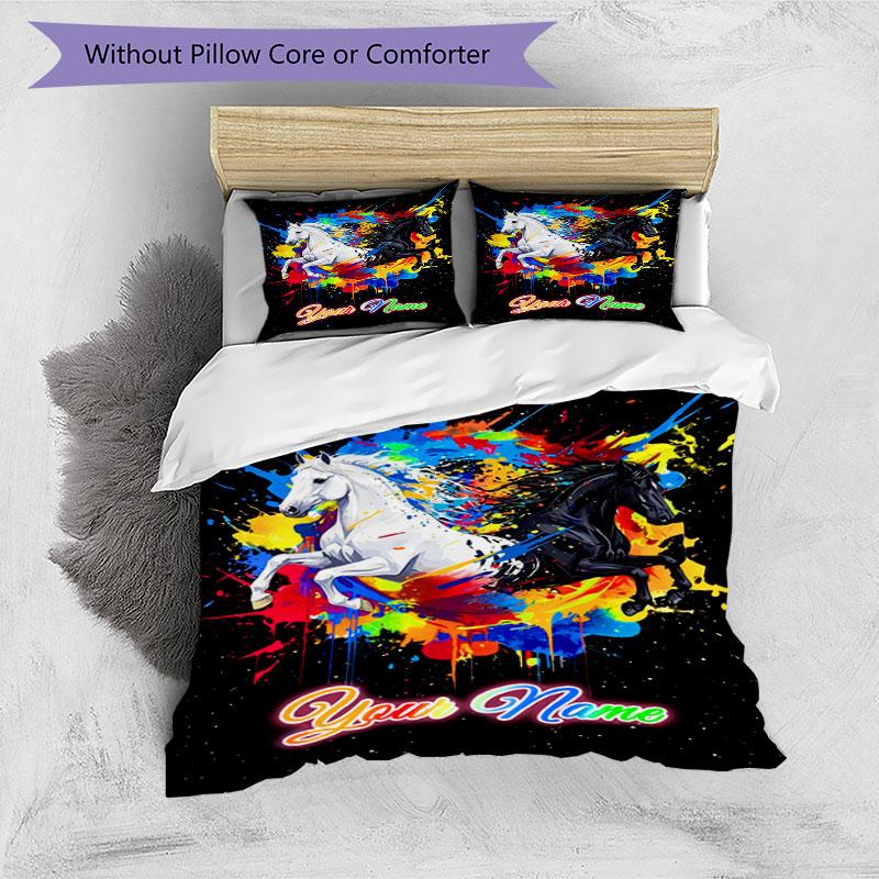 3PC Custom Name Colorful Horse Splash Art Bedding,soft and breathable,2D Flat Print,room decor.,Poster Three-piece set,Soccer Three-piece set,Art,Post