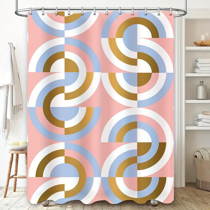 Modern Geometric Shower Curtain with Soft Pastel Colors Pink Blue White Black Gold Decorative Bath Liner Set for Bathroom Access