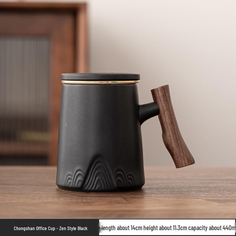 Ceramic Tea Cup with Water Separation, Large Capacity, All-Ceramic Filter, Walnut Wood Handle, Customizable Logo.