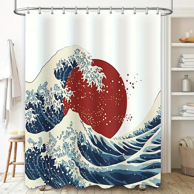 Die große Welle vor Kanagawa Duschvorhang Japanischer Stil Badezimmerdeko Kunstdruck Wasserdichter Polyesterstoff Badvorhang