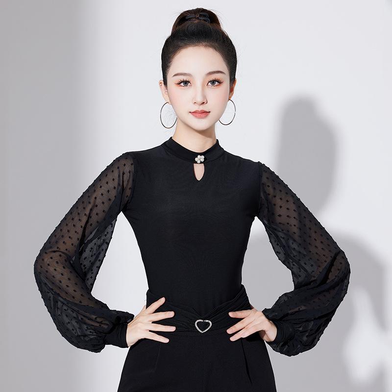 Salopetă modernă pentru damă, cu mâneci lantern, cu protecție pentru gât și guler înalt - îmbrăcăminte de dans standard național