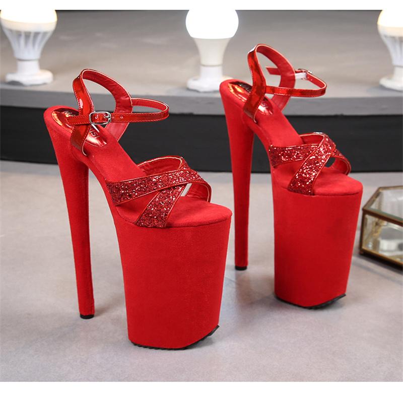 RED 10 inch Fetish Sequins Sandals 26cm thin heels Pumps platform Women Walking Show Artifact Model Shoes zapatos mujer