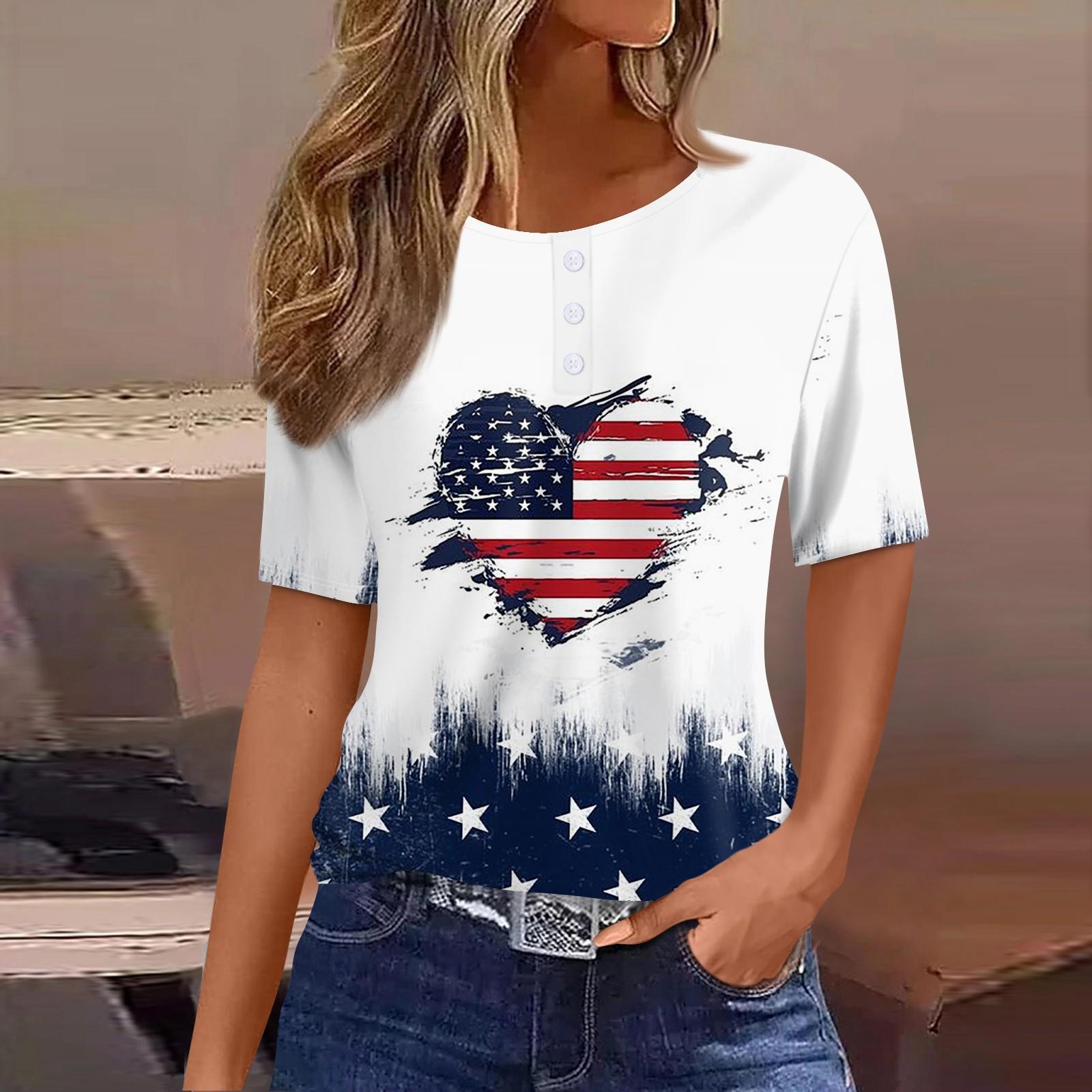Женская футболка Футболка с принтом «День независимости» и пуговицами С коротким рукавом — фото 6