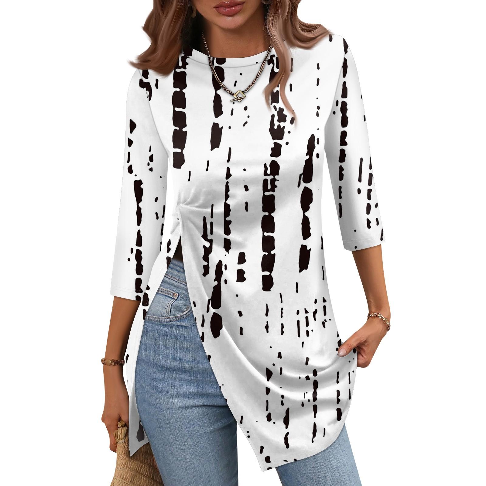 

Жіноча модна повсякденна футболка з розрізним подолом і круглим вирізом, рукавом 3/4 і коротким рукавом XL білий