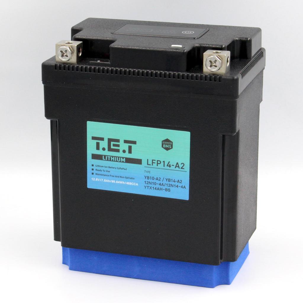 Motorcycle Battery for with BMS and Warranty T.E.T LFP14-A2 Ultra-Lightweight Lithium-Ion YB10-A2/YB14-A2, 7.8Ah, 468CCA, 99.84Wh, Voltmeter, LiFePO4,