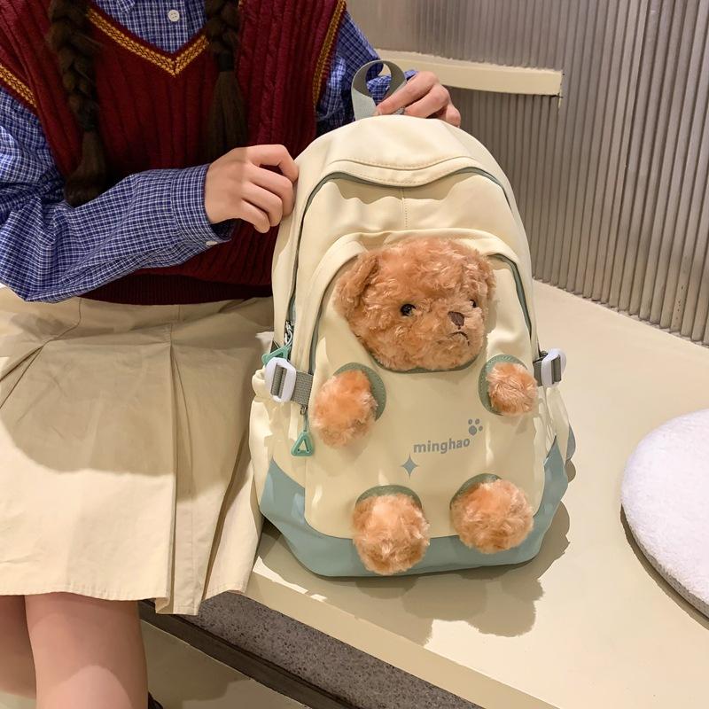 Schoolbag Korean Version Cute Bear Backpack Ins Wind Junior High School Large Capacity Student Schoolbag Casual Versatile Travel Backpack