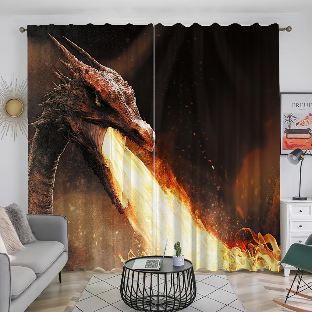 2panels Dragon Print Curtains Rod Pocket Curtain For Restaurants Living Rooms Bedrooms Offices Study Rooms Home Decoration