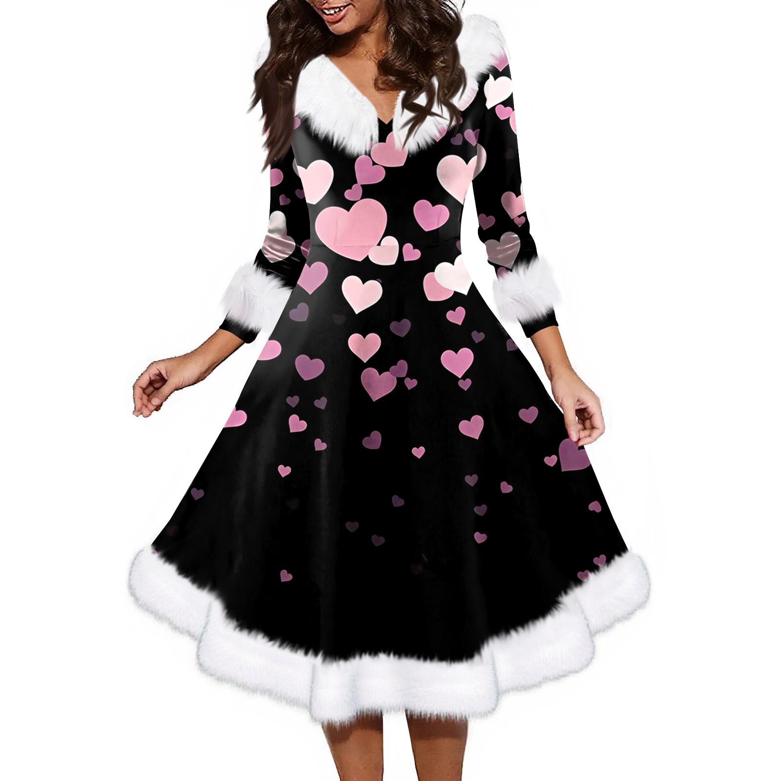 

Women s Fashion V,neck Casual Fit Christmas Print Party Long Sleeve Dress L чорний
