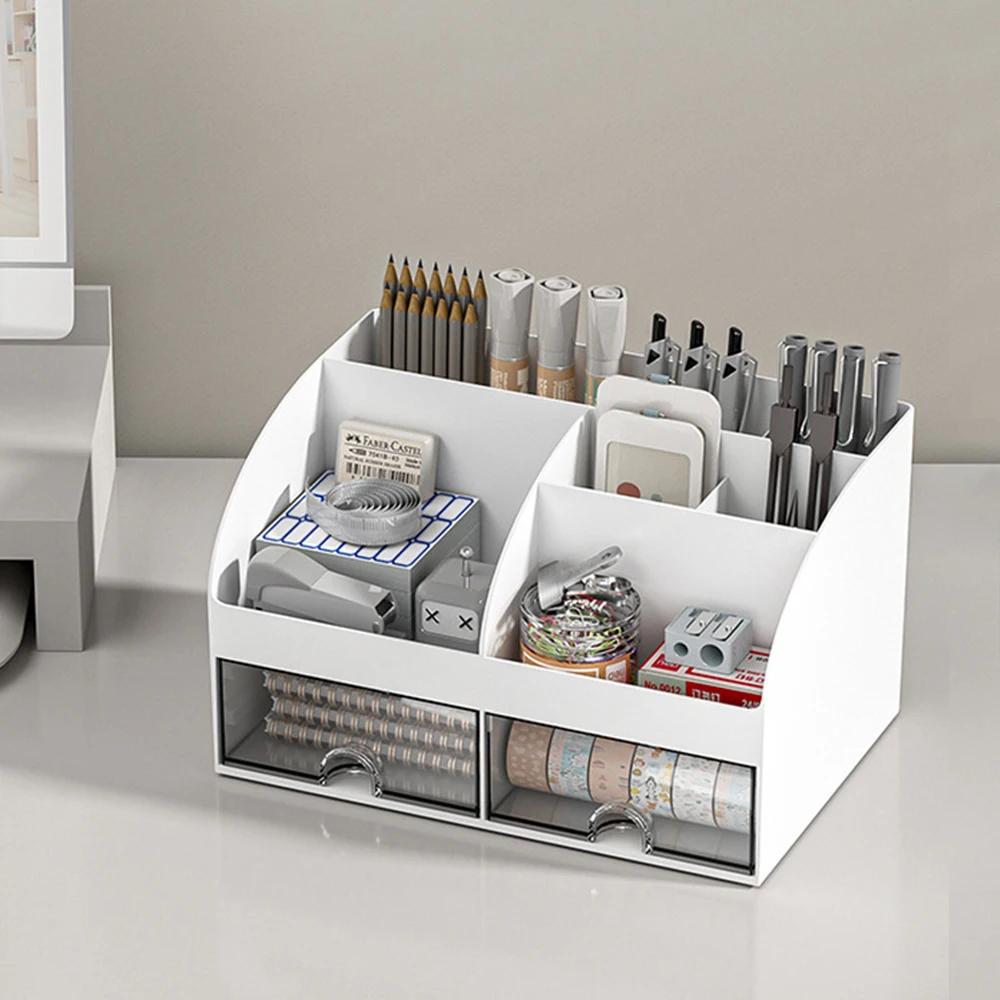 Desktop Storage Box Pen Holder Stationery Cosmetics Lipstick Organizer 6 Grids With Drawer Desk Storage Organizer Home Office
