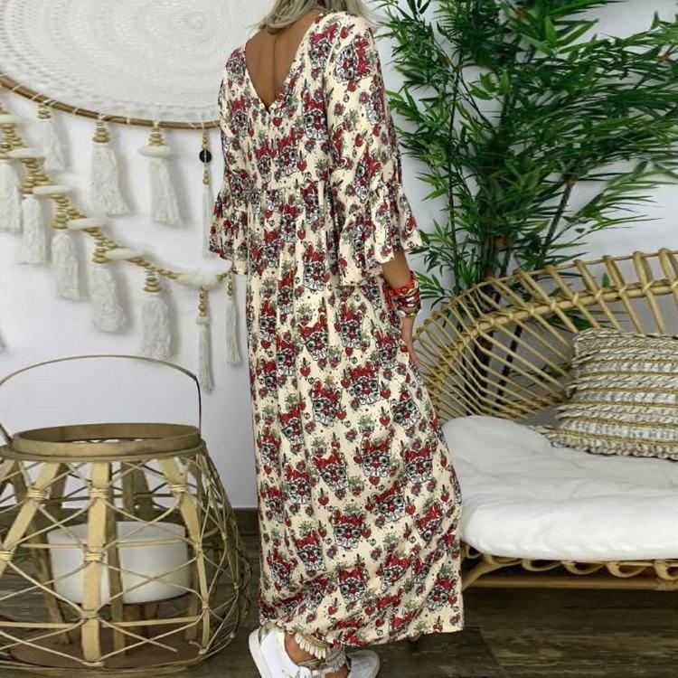 Ladies Plus Size Maxi Dress Long Sleeve V Neck Loose Fit Floral Print