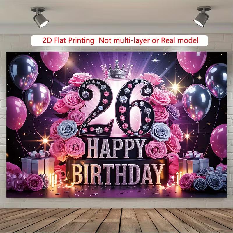 2D Sparkly Pink Black 26th Birthday Backdrop Floral Balloon Photography Background