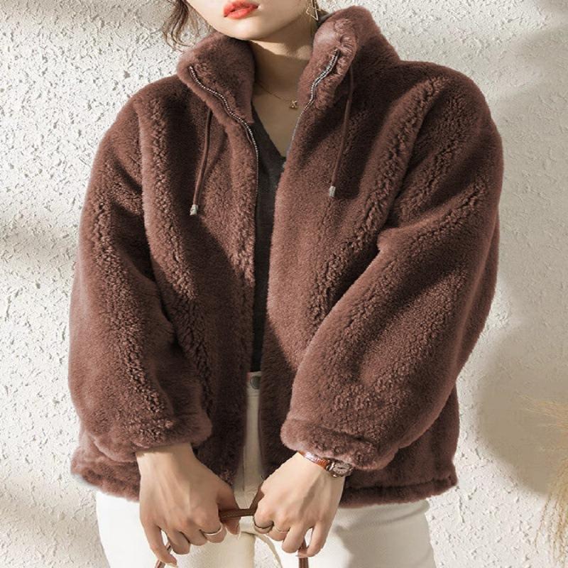 

Куртка Женская Модная Зимняя Флисовая Утепленная Двусторонняя Флисовая Стойка-Воротник Теплый Свитер 2XL коричневый