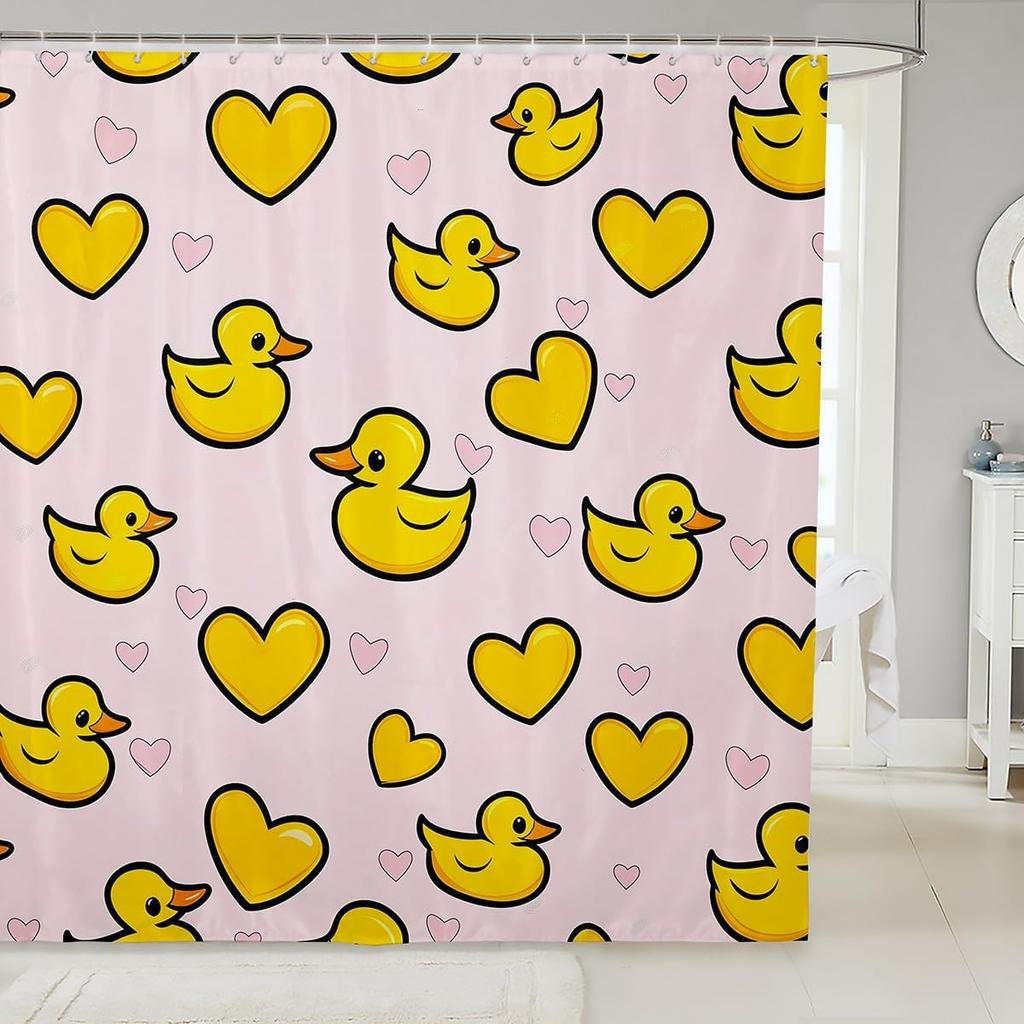 Yellow Rubber Duck Shower Curtain Set,Cute Swimming Duck Bathroom Decor for Kids,Kawaii Animal Bathroom Set Gifts for Pet Lovers
