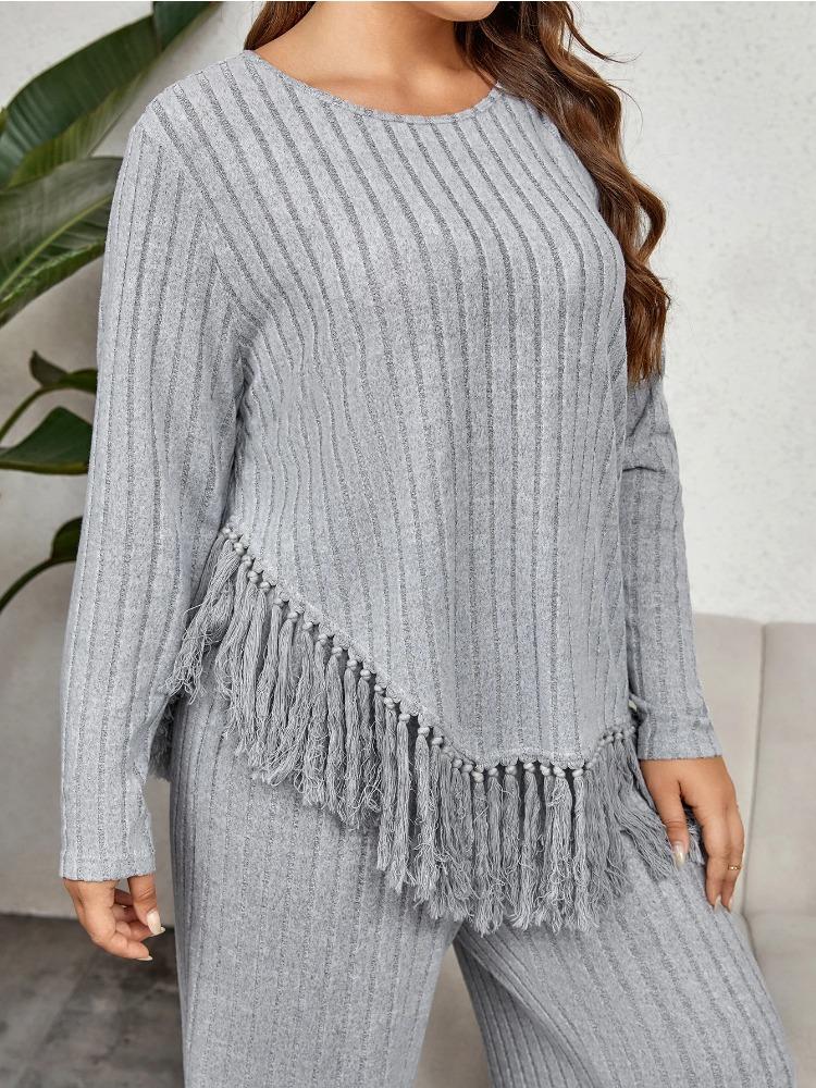 Taglie Forti Donne Stile Casa Completo Due Pezzi Autunno Casual Girocollo Maniche Lunghe Top con Orlo con Frange con Set di Pantaloni a Gamba Larga