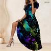 Women Plus Size Round Neck Short Sleeve Gathered Waist Green Gold Leaf Printed A Line Long Dress