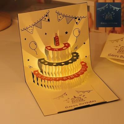 Hollow Carving 3D Cake Birthday Card with Envelope Unique Pop-Up Greeting Card Funny Folding LED Light Pop-Up Card