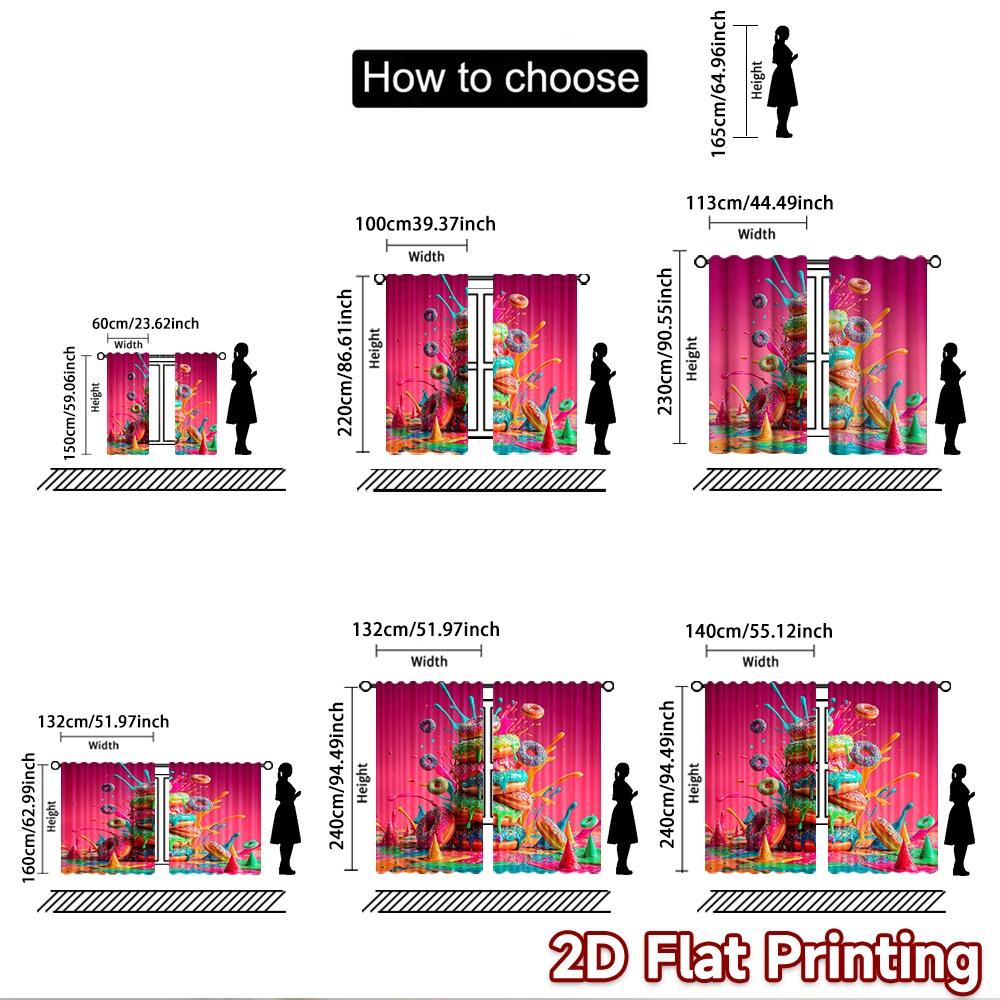 2D flat printing 2pcs Party Window Curtains Colorful Doughnut Splash Party Digital Printed Polyester Drapes Seasonal Party &
