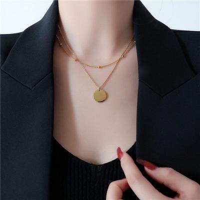Collana con Ciondolo Rotondo a Doppio Strato in Oro 18 Carati da Donna - Stile Europeo Americano Trendy