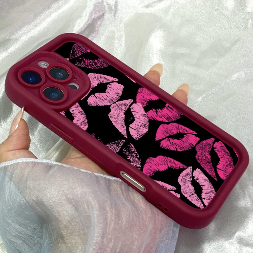JT203 Cute Black and Pink Lips for iPhone 17 16 15 14 Pro Max Samsung S26 S25 Ultra A17 A16 A07 A56 Xiaomi 15T Redmi 15c 14C Note 13 Soft TPU Case