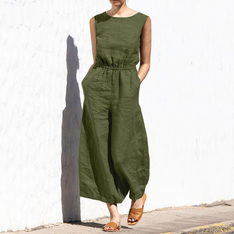 

Sleeveless Jumpsuit Summer Pure Color Sleeveless Slim Looking Women s Fashion Casual Loose Temperament Jumpsuit Army Green M